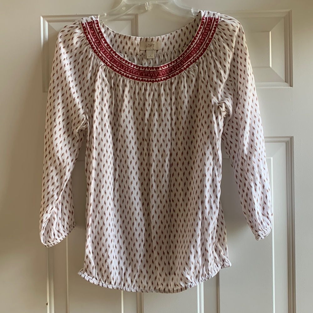 LOFT White and Red Patterned Top